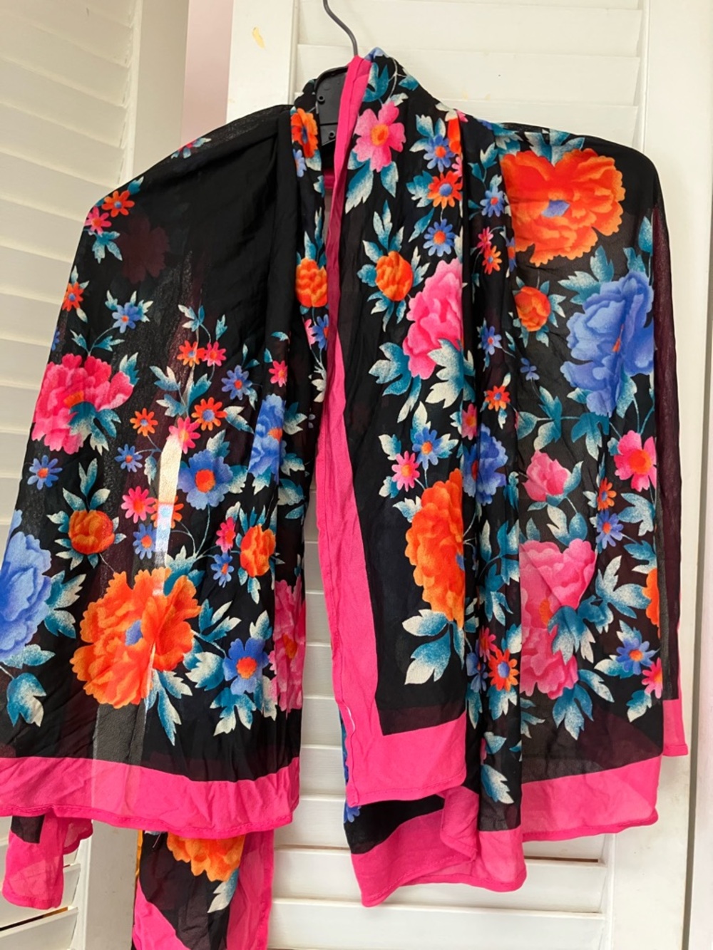 Floral Sheer wrap in Black with Pink Trim